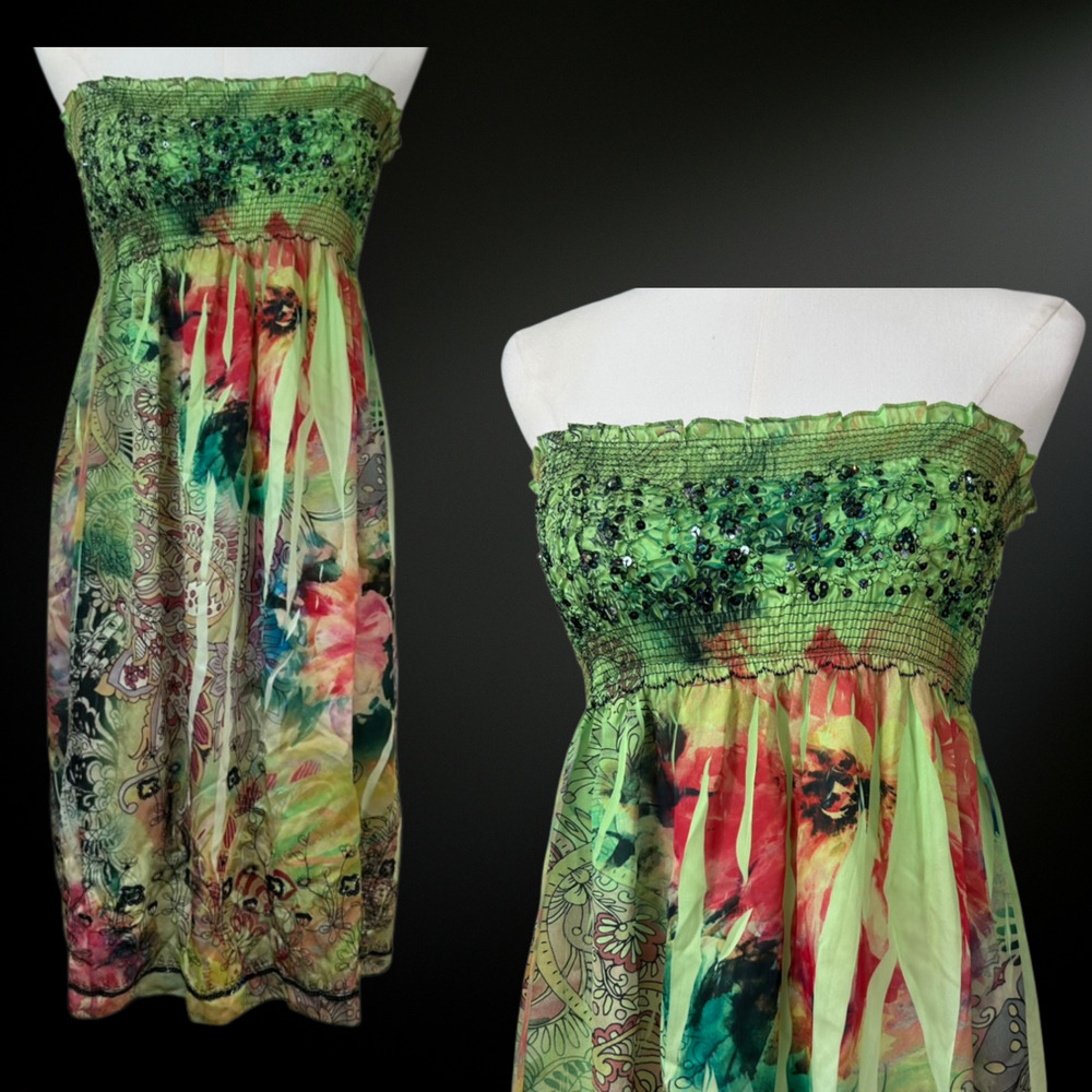 Lapis Womens Y2K Strapless Babydoll Sequin Mini Dress Size M/L Forest Fairy